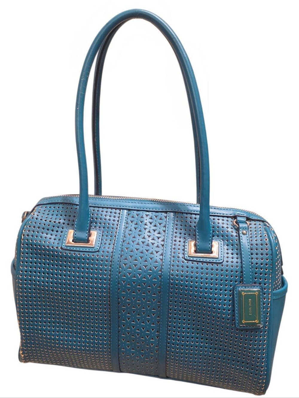 Nine West Teal Blue Perforated Satchel Shoulder Bag Purse Floral Lining
